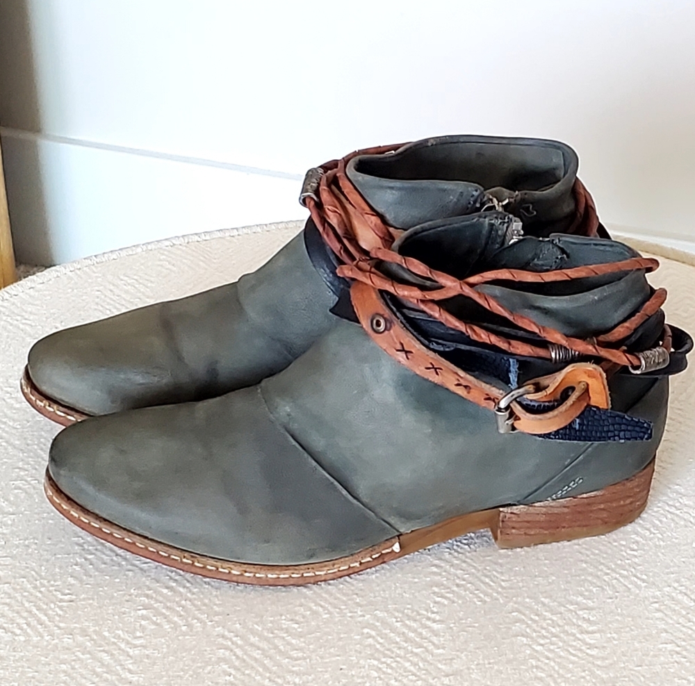 A.S. 98 Green Leather Ankle Strappy Accent Rugged Boot, Wm EU 40, US 9-9.5, - Picture 2 of 16